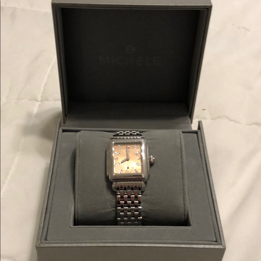 Classic Michele watch w/ diamonds+rose gold face